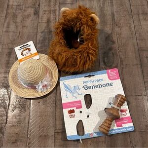 Pet Bundle Lion Hat costume, Straw Hat & Bone One Bacon Flavor Benebone 3 Items